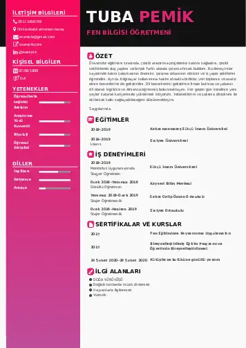 Fen Bilgisi Öğretmeni CV Örnekleri cv indir